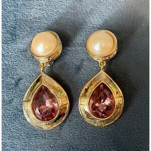 Givenchy Vintage Purple Stone and Pearl Teardrop Earrings Clip On 80s 90s Style